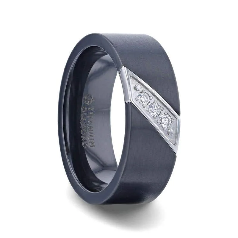 Men's magnetic rings for potential health benefitsThorsten JAGUAR Flat Brushed Black Titanium Men's Wedding Band With Small Silver-Coated Diagonal Design And A Set of 3 Diamonds - 8mm Men's magnetic rings for potential health benefitsThorsten JAGUAR Flat Brushed Black Titanium Men's Wedding Band With Small Silver-Coated Diagonal Design And A Set of 3 Diamonds - 8mm