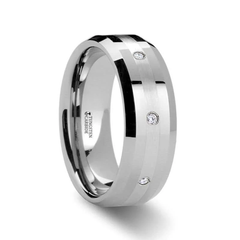 Men's meteorite - inlay rings for a cosmic touchThirteen DEVONSHIRE Palladium Inlaid Beveled Diamond Tungsten Carbide Ring - 8mm Men's meteorite - inlay rings for a cosmic touchThirteen DEVONSHIRE Palladium Inlaid Beveled Diamond Tungsten Carbide Ring - 8mm