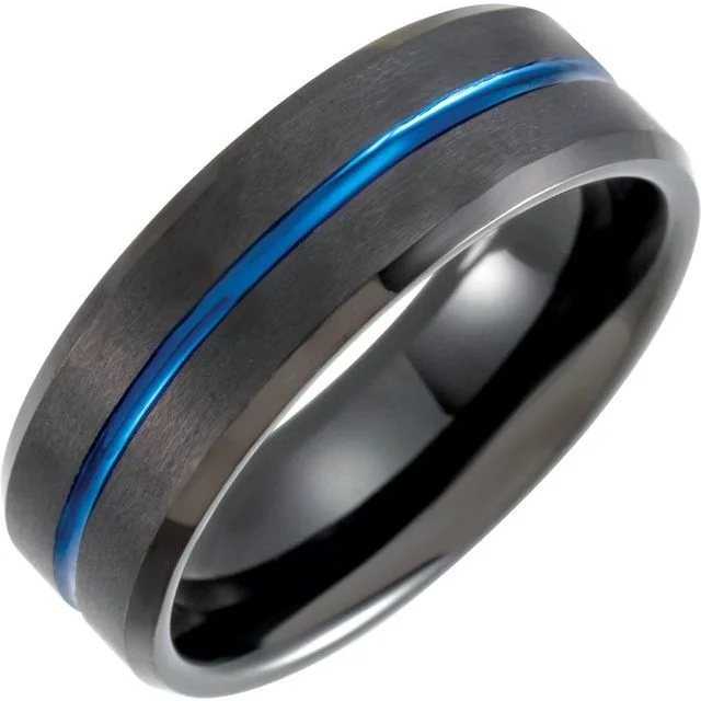 Men's Celtic - pattern rings with intricate designsBlack & Blue PVD Tungsten 8 mm Grooved Band Men's Celtic - pattern rings with intricate designsBlack & Blue PVD Tungsten 8 mm Grooved Band
