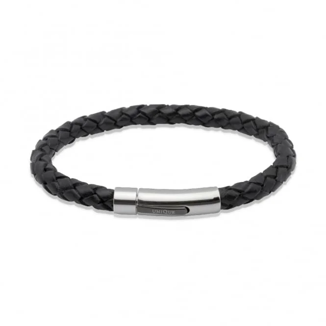 Unique & Co Stainless Steel IP Plating Black Leather Bracelet