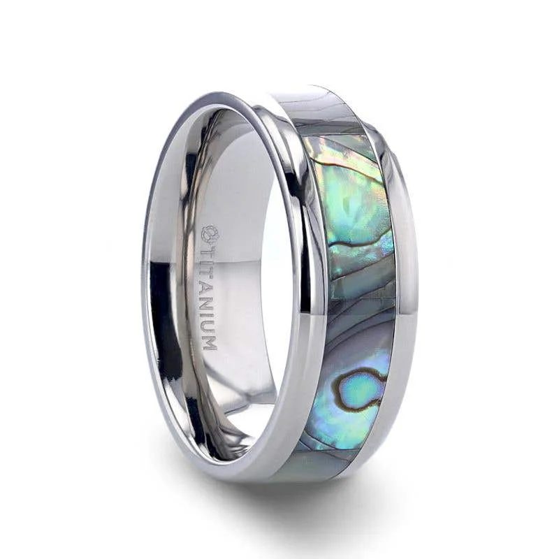 Men's pinky rings with a small gemstoneThorsten KAUI Titanium Polished Finish Mother Of Pearl Inlaid Men’s Beveled Wedding Band - 6mm & 8mm Men's pinky rings with a small gemstoneThorsten KAUI Titanium Polished Finish Mother Of Pearl Inlaid Men’s Beveled Wedding Band - 6mm & 8mm