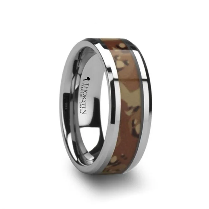 Men's black ceramic rings for a modern and edgy lookCRUSADER Tungsten Wedding Ring with Military Style Desert Camo Inlay Men's black ceramic rings for a modern and edgy lookCRUSADER Tungsten Wedding Ring with Military Style Desert Camo Inlay