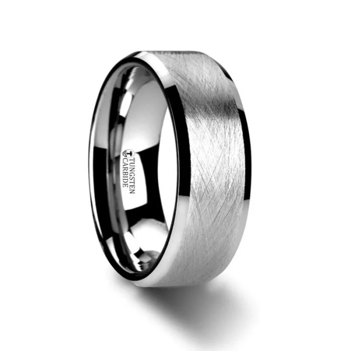 Men's black ceramic rings for a modern and edgy lookTHORNE Flat Tungsten Carbide Ring with Wire Brushed Finish and Beveled Edges Men's black ceramic rings for a modern and edgy lookTHORNE Flat Tungsten Carbide Ring with Wire Brushed Finish and Beveled Edges