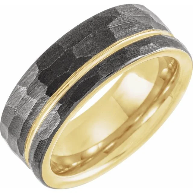 Men's anchor - themed rings for a nautical lookBlack & 18K Yellow Gold PVD Tungsten 8 mm Grooved Band With Hammer Finish Men's anchor - themed rings for a nautical lookBlack & 18K Yellow Gold PVD Tungsten 8 mm Grooved Band With Hammer Finish