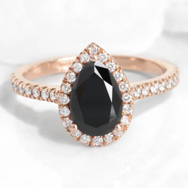 Three - Stone Women's Diamond Rings Symbolizing Past, Present, and Future with Emerald - Cut DiamondsPear Black Diamond Ring in Luna Halo Pave Diamond Band Three - Stone Women's Diamond Rings Symbolizing Past, Present, and Future with Emerald - Cut DiamondsPear Black Diamond Ring in Luna Halo Pave Diamond Band