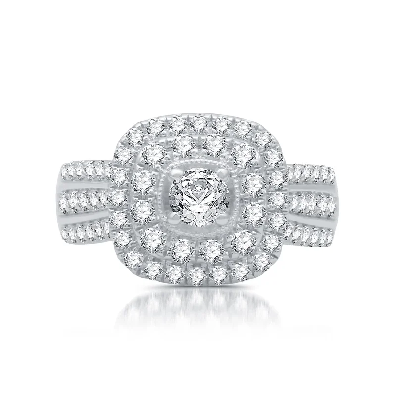 Halo Engagement Rings with a Cushion - Cut Center Diamond and Rose Gold Band1 1/4 CTW Diamond Halo Engagement Ring in 10KT White Gold Halo Engagement Rings with a Cushion - Cut Center Diamond and Rose Gold Band1 1/4 CTW Diamond Halo Engagement Ring in 10KT White Gold