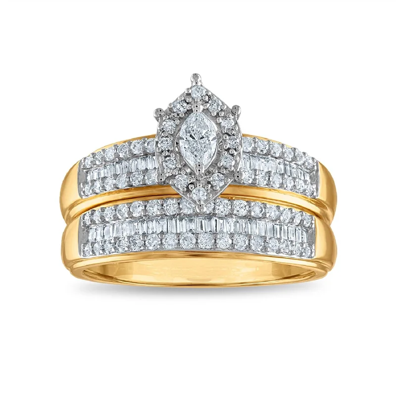 Vintage Cluster Engagement Rings with Antique - Cut Diamonds and Silver Filigree3/4 CTW Diamond Halo Bridal Set Ring in 10KT Yellow Gold Vintage Cluster Engagement Rings with Antique - Cut Diamonds and Silver Filigree3/4 CTW Diamond Halo Bridal Set Ring in 10KT Yellow Gold
