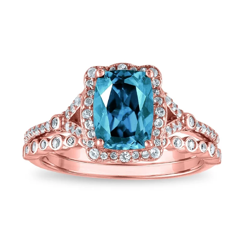 Princess Cut Engagement Rings in 18K White Gold with Micro - Pave Side Stones8X6MM Cushion Blue Topaz and Diamond Bridal Set Ring in 10KT Rose Gold Princess Cut Engagement Rings in 18K White Gold with Micro - Pave Side Stones8X6MM Cushion Blue Topaz and Diamond Bridal Set Ring in 10KT Rose Gold