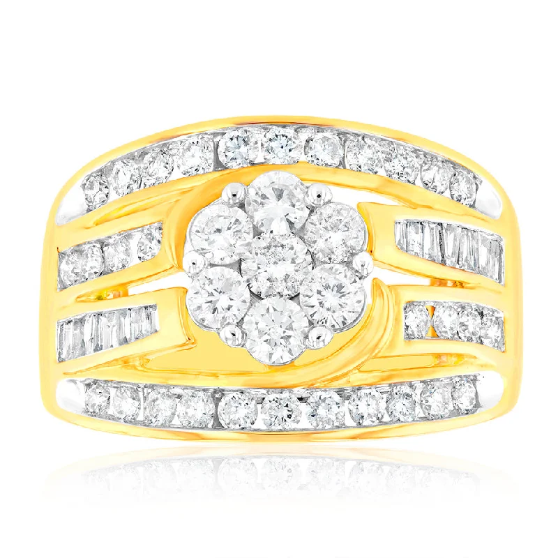 Signature - Design Engagement Rings with a Brand - Exclusive Pattern and Premium Diamonds9ct Yellow Gold 2 Carat Diamond Ring with Beautiful Brilliant and Tapered Diamonds Signature - Design Engagement Rings with a Brand - Exclusive Pattern and Premium Diamonds9ct Yellow Gold 2 Carat Diamond Ring with Beautiful Brilliant and Tapered Diamonds
