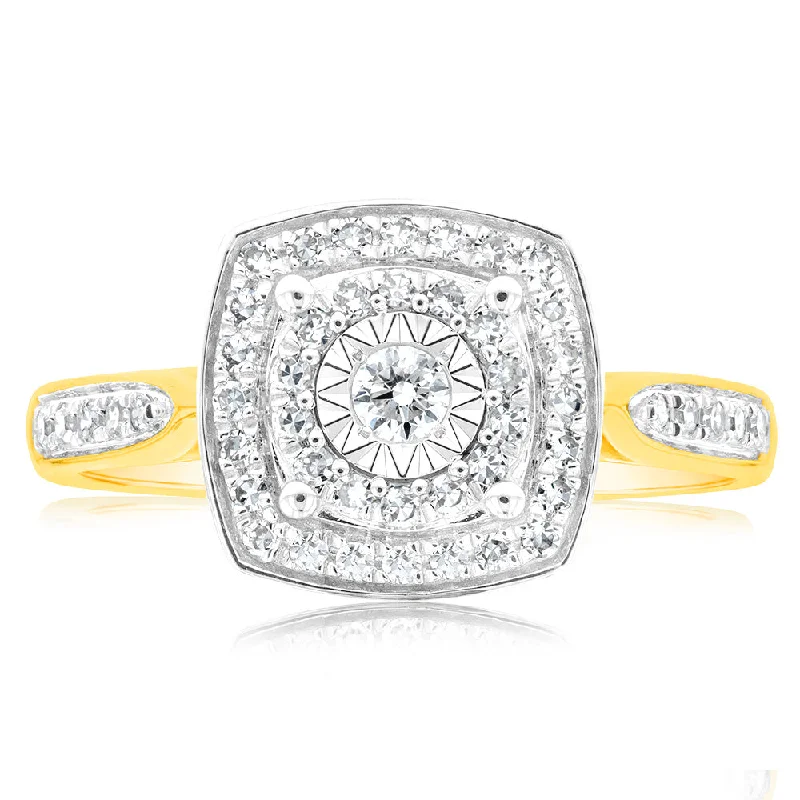 Halo Engagement Rings with a Cushion - Cut Center Diamond and Rose Gold Band9ct Yellow Gold Ring With 0.25 Carats Of Claw Set Diamonds Halo Engagement Rings with a Cushion - Cut Center Diamond and Rose Gold Band9ct Yellow Gold Ring With 0.25 Carats Of Claw Set Diamonds