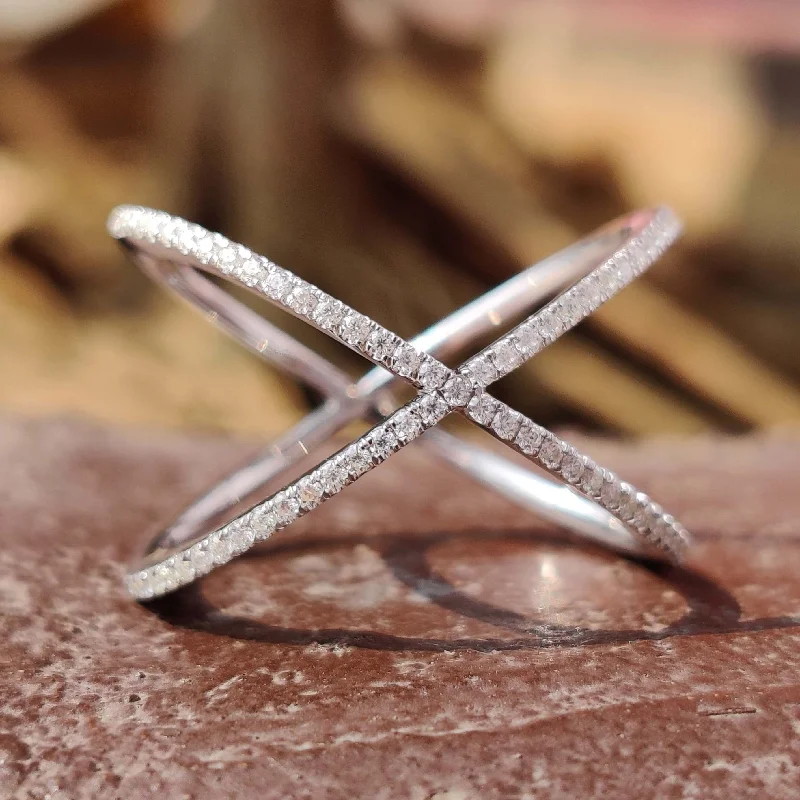 Vintage - inspired anniversary rings with milgrain edgesCross Over X Ring - 0.52 TCW Round Brilliant Cut Colorless Moissanite Wedding Band Vintage - inspired anniversary rings with milgrain edgesCross Over X Ring - 0.52 TCW Round Brilliant Cut Colorless Moissanite Wedding Band