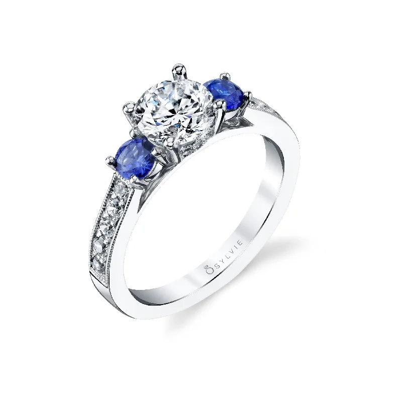 Cushion - Cut Halo Engagement Rings with a Platinum Band and Micro - Pave DetailsDiamond and Sapphire Ring Mounting by Sylvie, 14K White Gold Cushion - Cut Halo Engagement Rings with a Platinum Band and Micro - Pave DetailsDiamond and Sapphire Ring Mounting by Sylvie, 14K White Gold