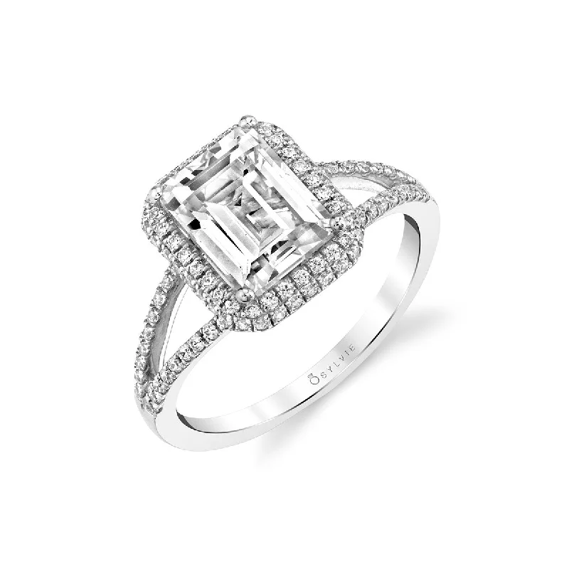Solitaire Engagement Rings with a High - Clarity Round Diamond and Tapered BandEmerald Cut Ring Mounting by Sylvie, 14K White Gold Solitaire Engagement Rings with a High - Clarity Round Diamond and Tapered BandEmerald Cut Ring Mounting by Sylvie, 14K White Gold