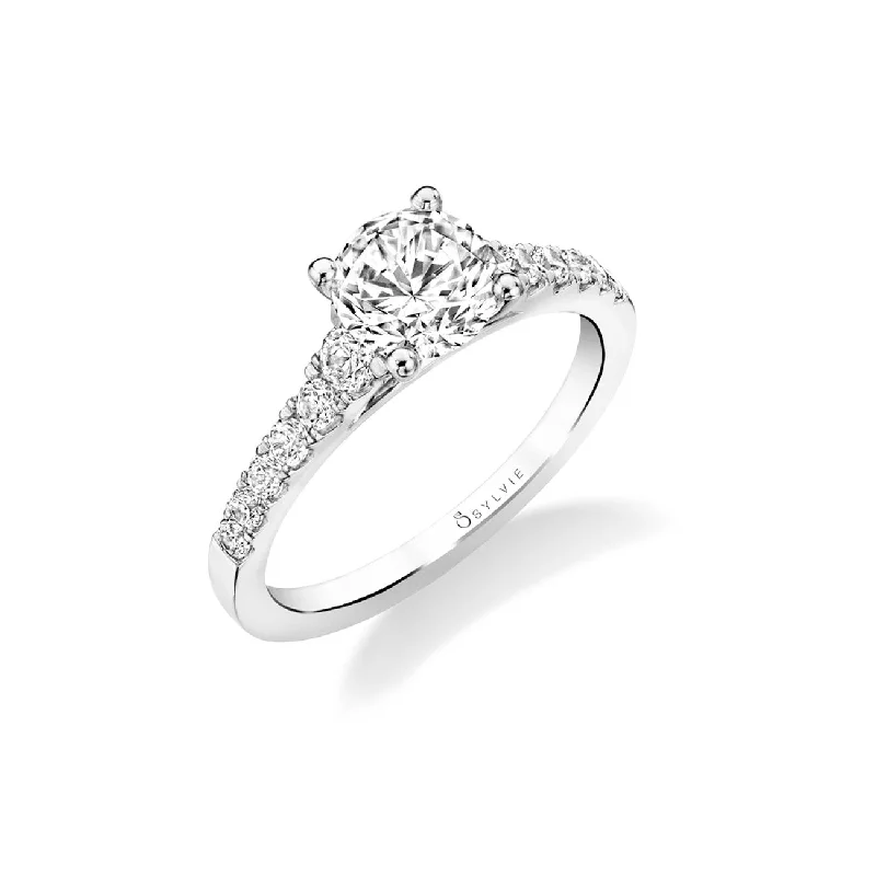 Vintage - Inspired Engagement Rings with Filigree Work and Emerald - Cut Center StoneFour Prong Ring Mounting by Sylvie, 14K White Gold Vintage - Inspired Engagement Rings with Filigree Work and Emerald - Cut Center StoneFour Prong Ring Mounting by Sylvie, 14K White Gold