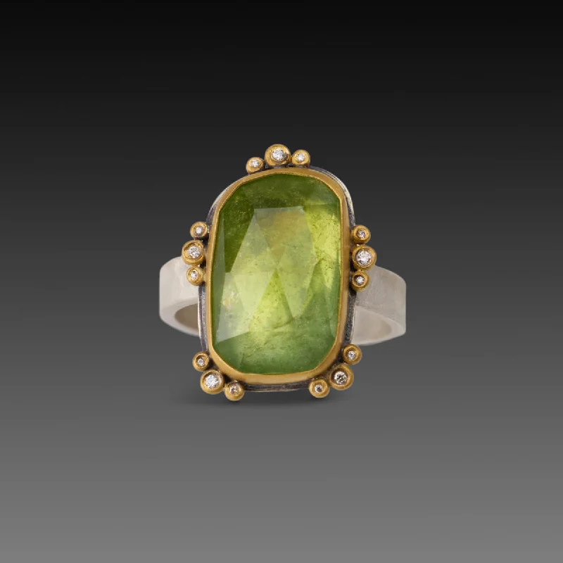 Tourmaline Gemstone Rings in 18K Two - Tone Gold with a Floral - Shaped Setting for a Feminine TouchGreen Tourmaline Ring with Diamond Trios Tourmaline Gemstone Rings in 18K Two - Tone Gold with a Floral - Shaped Setting for a Feminine TouchGreen Tourmaline Ring with Diamond Trios