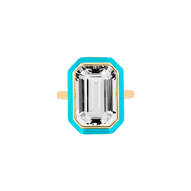 Statement - Making Fashion Rings in Gold - Plated Brass with Oversized Cubic Zirconia StonesRock Crystal Emerald Cut Ring with Turquoise Enamel Statement - Making Fashion Rings in Gold - Plated Brass with Oversized Cubic Zirconia StonesRock Crystal Emerald Cut Ring with Turquoise Enamel