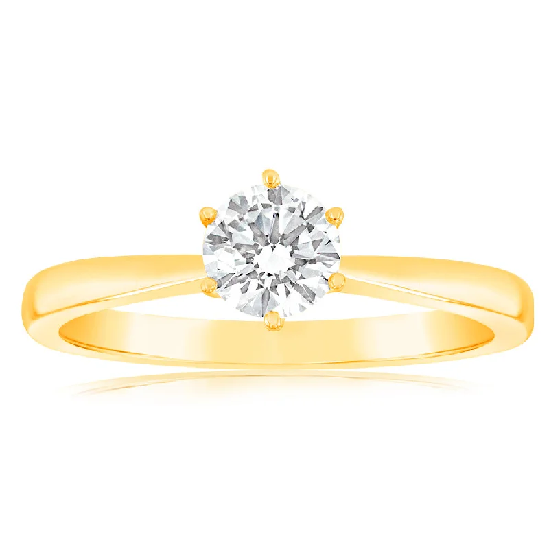 Classic Round Cut Engagement Rings with Platinum Prongs and Halo Setting for Timeless EleganceLuminesce Lab Grown 1/2 Carat Diamond Solitaire Ring set in 14ct Yellow Gold Classic Round Cut Engagement Rings with Platinum Prongs and Halo Setting for Timeless EleganceLuminesce Lab Grown 1/2 Carat Diamond Solitaire Ring set in 14ct Yellow Gold