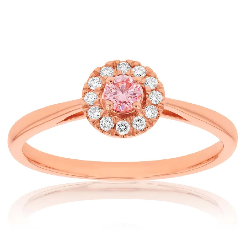 Cushion - Cut Halo Engagement Rings with a Platinum Band and Micro - Pave DetailsLuminesce Lab Grown Pink & White 20-24Pt Diamond Ring set in 9ct Rose Gold Cushion - Cut Halo Engagement Rings with a Platinum Band and Micro - Pave DetailsLuminesce Lab Grown Pink & White 20-24Pt Diamond Ring set in 9ct Rose Gold
