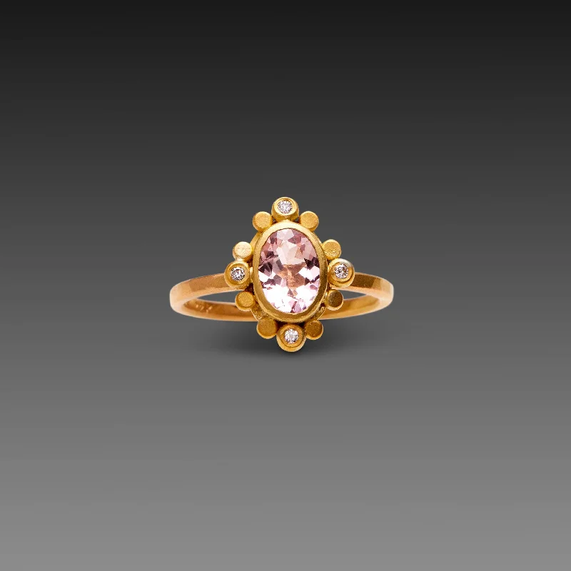 Opal Gemstone Rings in Rose Gold with a Milgrain Edge for a Feminine and Romantic StyleMorganite Ring with Diamond Trios Opal Gemstone Rings in Rose Gold with a Milgrain Edge for a Feminine and Romantic StyleMorganite Ring with Diamond Trios