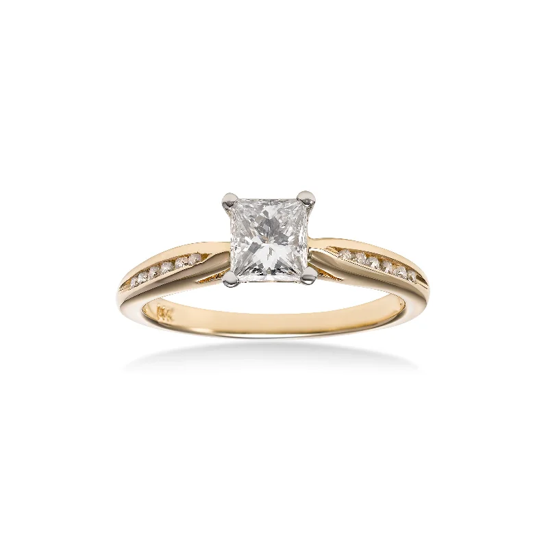 Emerald Cut Engagement Rings with Platinum Gallery and Split Shank DesignPrincess Cut Diamond Engagement Ring, .72 Carat Center, 14 Karat Gold Emerald Cut Engagement Rings with Platinum Gallery and Split Shank DesignPrincess Cut Diamond Engagement Ring, .72 Carat Center, 14 Karat Gold