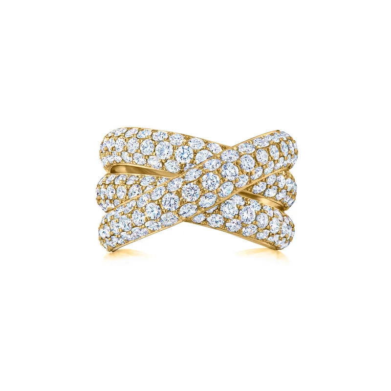 Geometric - Shaped Fashion Rings in Titanium with Iridescent InlaysThree-Row Crossover Ring with Pavé Diamonds Geometric - Shaped Fashion Rings in Titanium with Iridescent InlaysThree-Row Crossover Ring with Pavé Diamonds