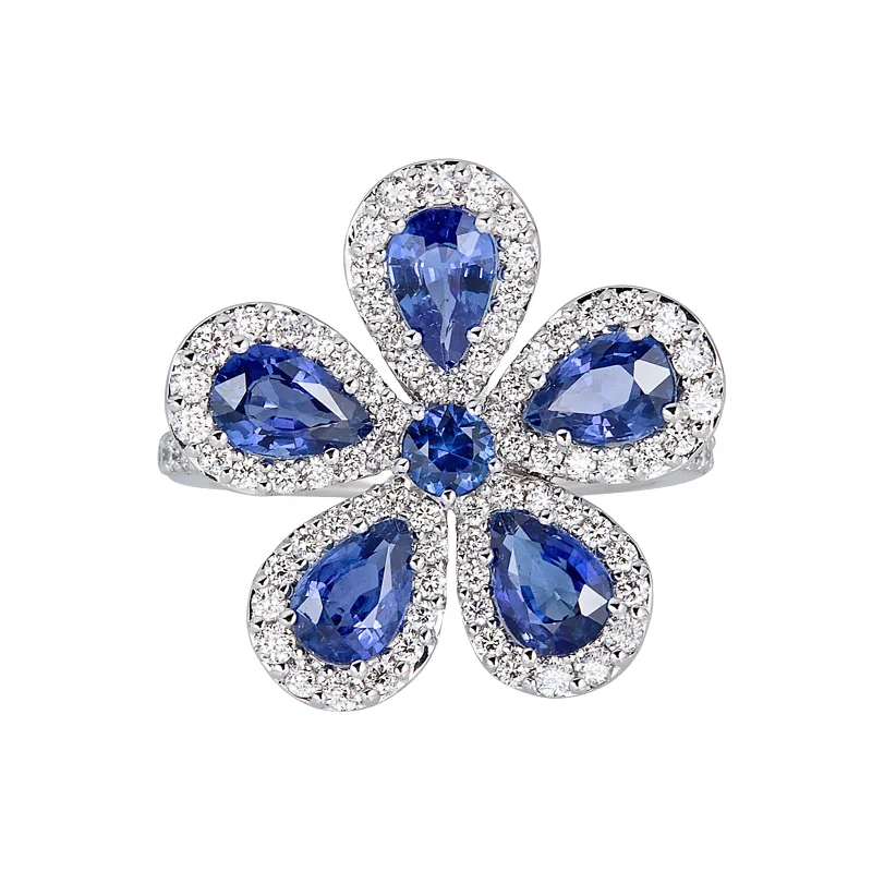 Statement - Making Fashion Rings in Gold - Plated Brass with Oversized Cubic Zirconia StonesClassic Flower Ring with Blue Sapphires and Diamonds Statement - Making Fashion Rings in Gold - Plated Brass with Oversized Cubic Zirconia StonesClassic Flower Ring with Blue Sapphires and Diamonds