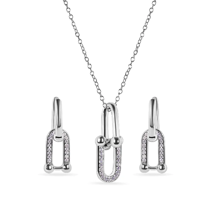 Chunky hoop earringsRhodium Plated 925 Sterling Silver Round Bow Paperclip Clear CZ Necklace and Hoop Earring Matching Set - BGS00629 Chunky hoop earringsRhodium Plated 925 Sterling Silver Round Bow Paperclip Clear CZ Necklace and Hoop Earring Matching Set - BGS00629