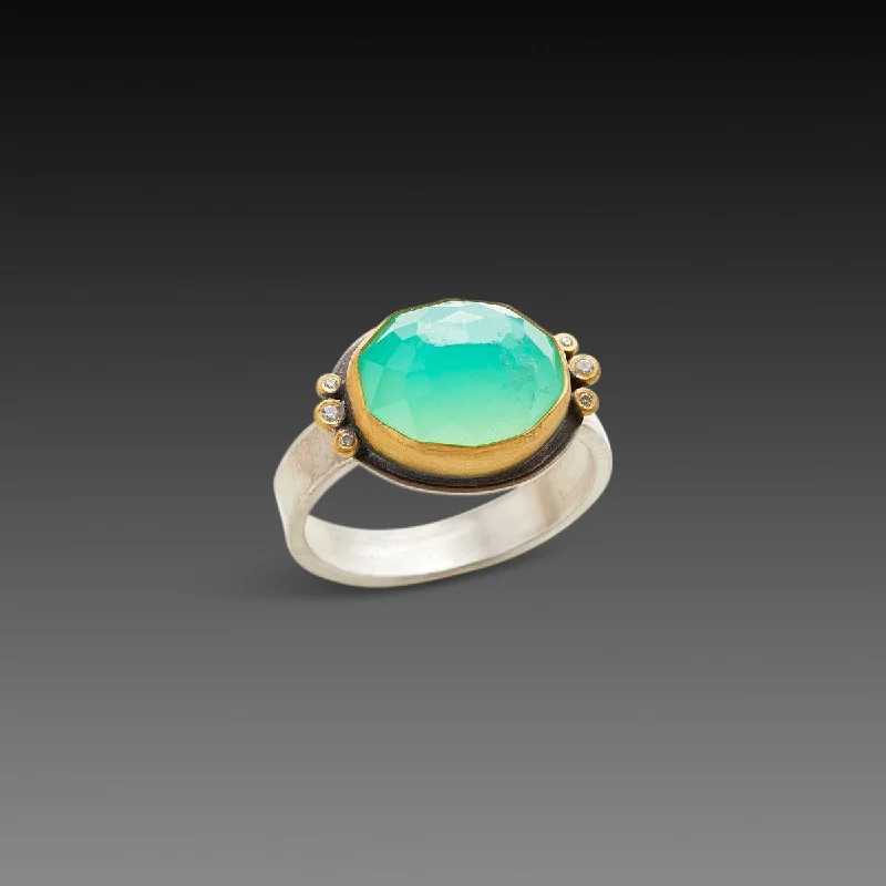 Malachite Gemstone Rings in 14K Gold with a Carved Stone for a Unique and Artistic AppealFaceted Chrysoprase Ring with Six Diamond Dots Malachite Gemstone Rings in 14K Gold with a Carved Stone for a Unique and Artistic AppealFaceted Chrysoprase Ring with Six Diamond Dots