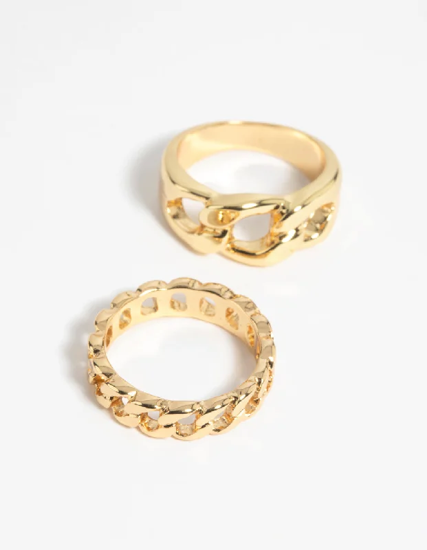 Geometric - Shaped Fashion Rings in Titanium with Iridescent InlaysGold Chain Ring Stack Pack Geometric - Shaped Fashion Rings in Titanium with Iridescent InlaysGold Chain Ring Stack Pack