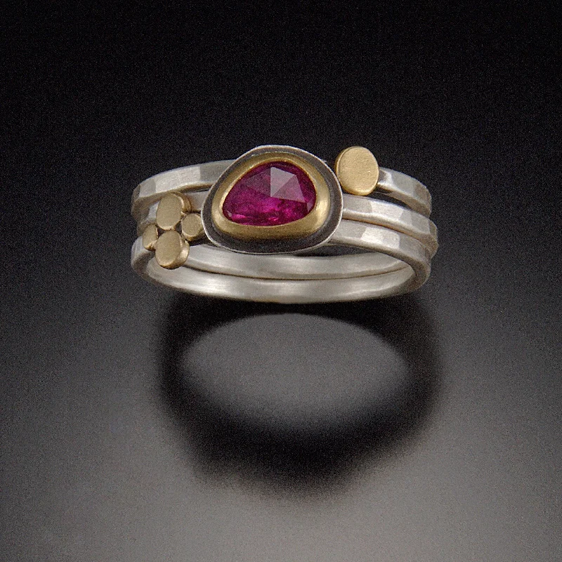 Agate Gemstone Rings in Sterling Silver with a Mosaic - Inspired Inlay for a Bohemian StyleRuby and Gold Dot Stacking Ring Set Agate Gemstone Rings in Sterling Silver with a Mosaic - Inspired Inlay for a Bohemian StyleRuby and Gold Dot Stacking Ring Set