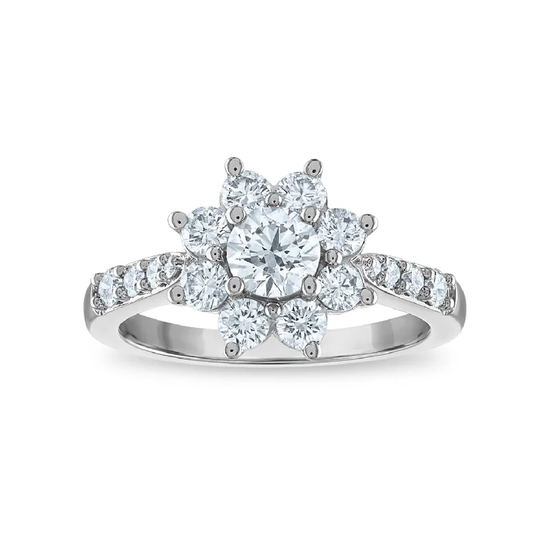Emerald Cut Engagement Rings with Platinum Gallery and Split Shank DesignSignature EcoLove 1 1/3 CTW Lab Grown Diamond Engagement Flower Shaped Ring in 14KT White Gold Emerald Cut Engagement Rings with Platinum Gallery and Split Shank DesignSignature EcoLove 1 1/3 CTW Lab Grown Diamond Engagement Flower Shaped Ring in 14KT White Gold
