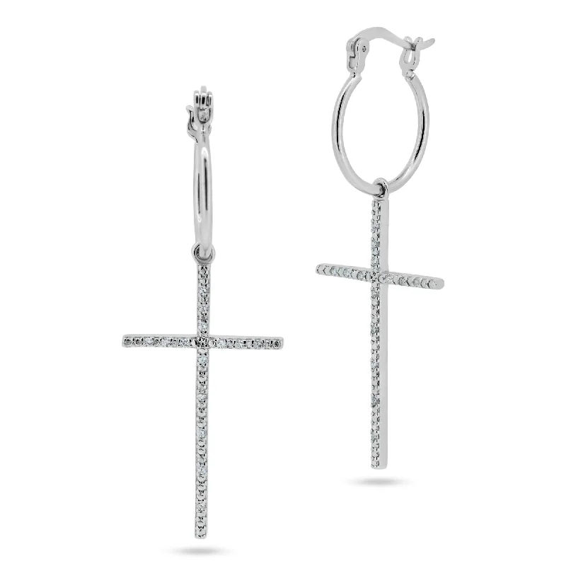 Lightweight hoop earringsRhodium Plated 925 Sterling Silver Cross CZ Dangling hoop Earring - STE01357 Lightweight hoop earringsRhodium Plated 925 Sterling Silver Cross CZ Dangling hoop Earring - STE01357