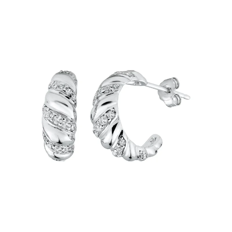 Trendy hoop earringsRhodium Plated 925 Sterling Silver Semi Hoop Braid Design CZ Earring - STE01327 Trendy hoop earringsRhodium Plated 925 Sterling Silver Semi Hoop Braid Design CZ Earring - STE01327