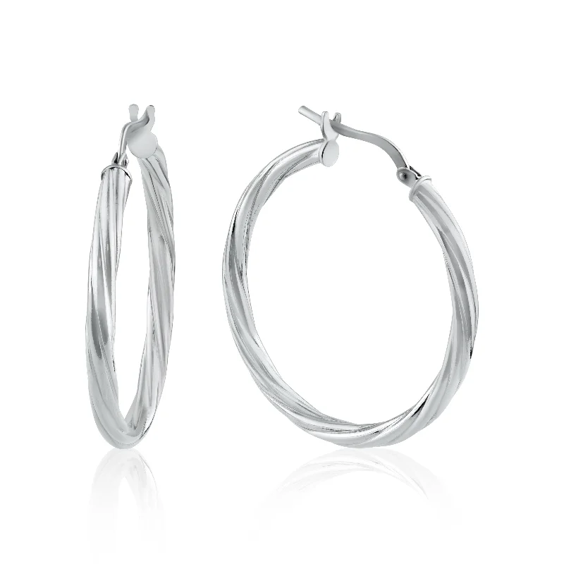 Statement hoop earringsRhodium Plated 925 Sterling Silver Silver Twisted 3mm Hoop Earring - ARE00028RH Statement hoop earringsRhodium Plated 925 Sterling Silver Silver Twisted 3mm Hoop Earring - ARE00028RH