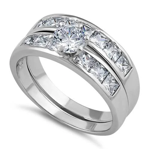 Art Deco Engagement Rings with Geometric Patterns and Baguette - Cut Diamond AccentsSterling Silver Clear Round Cut Engagement Set CZ Ring Art Deco Engagement Rings with Geometric Patterns and Baguette - Cut Diamond AccentsSterling Silver Clear Round Cut Engagement Set CZ Ring