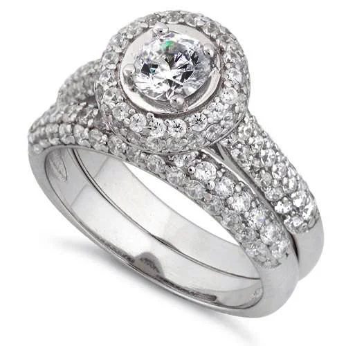 Vintage - Inspired Engagement Rings with Filigree Work and Emerald - Cut Center StoneSterling Silver Halo Round CZ Engagement Set Ring Vintage - Inspired Engagement Rings with Filigree Work and Emerald - Cut Center StoneSterling Silver Halo Round CZ Engagement Set Ring