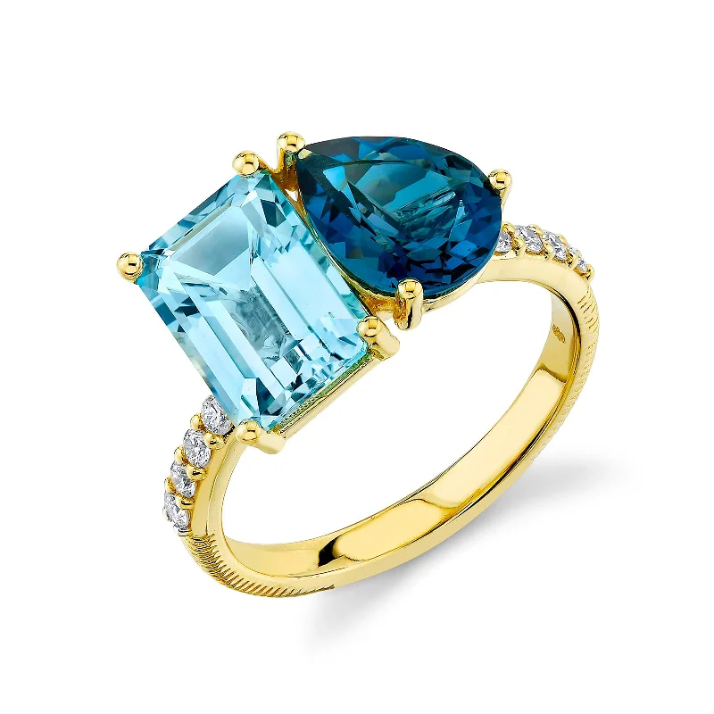 Open - Band Fashion Rings in Sterling Silver with Gemstone InlaysTwo-Stone Blue Topaz Ring with Diamonds Open - Band Fashion Rings in Sterling Silver with Gemstone InlaysTwo-Stone Blue Topaz Ring with Diamonds