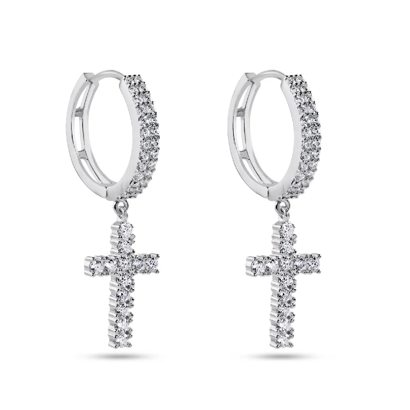 Everyday hoop earringsSterling Rhodium Plated 925 Sterling Silver Moissanite Cross Hoop Earring - MGME00037 Everyday hoop earringsSterling Rhodium Plated 925 Sterling Silver Moissanite Cross Hoop Earring - MGME00037