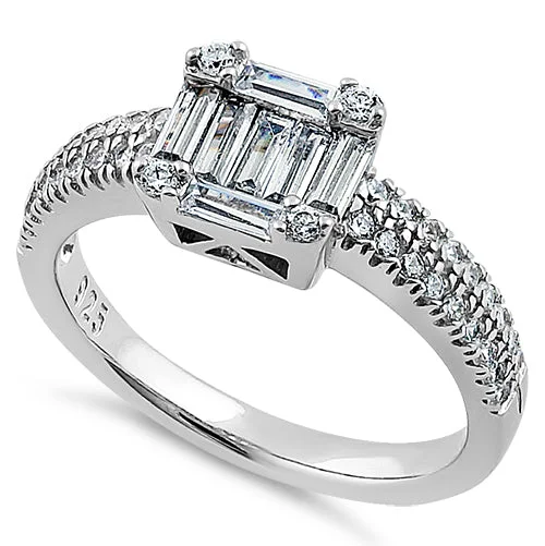 Cathedral - Style Engagement Rings with a Raised Center Stone and Intricate MetalworkSterling Silver Baguette Straight & Round Cut Clear CZ Engagement Ring Cathedral - Style Engagement Rings with a Raised Center Stone and Intricate MetalworkSterling Silver Baguette Straight & Round Cut Clear CZ Engagement Ring