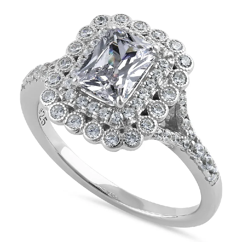 Princess Cut Engagement Rings in 18K White Gold with Micro - Pave Side StonesSterling Silver Emerald-Cut Halo CZ Engagement Ring Princess Cut Engagement Rings in 18K White Gold with Micro - Pave Side StonesSterling Silver Emerald-Cut Halo CZ Engagement Ring
