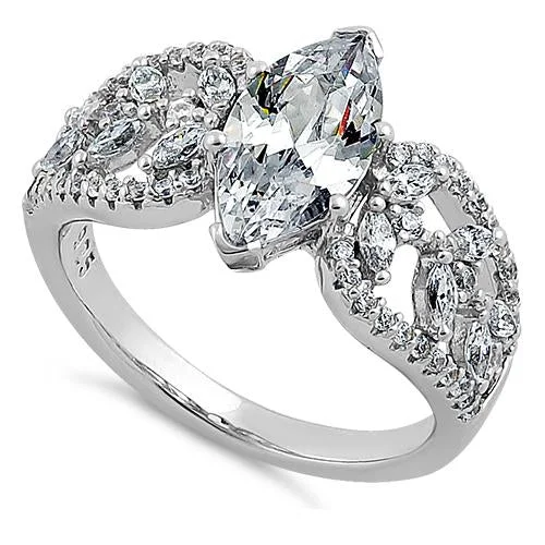 Marquise Cut Engagement Rings with a Channel - Set Diamond BandSterling Silver Decorative Marquise Cut Clear CZ Engagement Ring Marquise Cut Engagement Rings with a Channel - Set Diamond BandSterling Silver Decorative Marquise Cut Clear CZ Engagement Ring