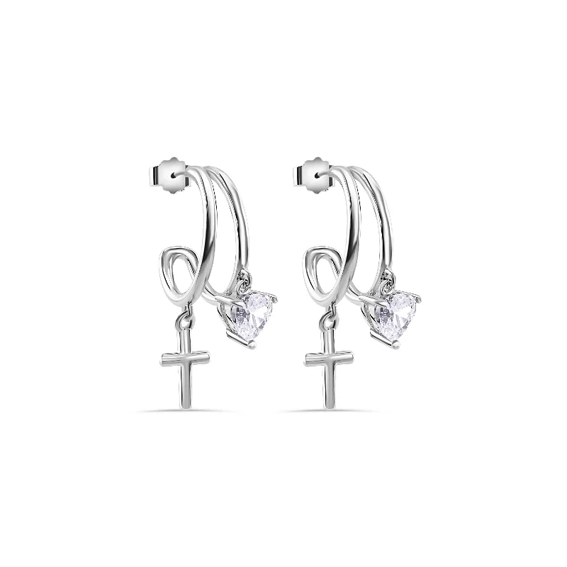 Oval hoop earringsRhodium Plated 925 Sterling Silver Heart and Cross Hoop Earring - STE01384 Oval hoop earringsRhodium Plated 925 Sterling Silver Heart and Cross Hoop Earring - STE01384