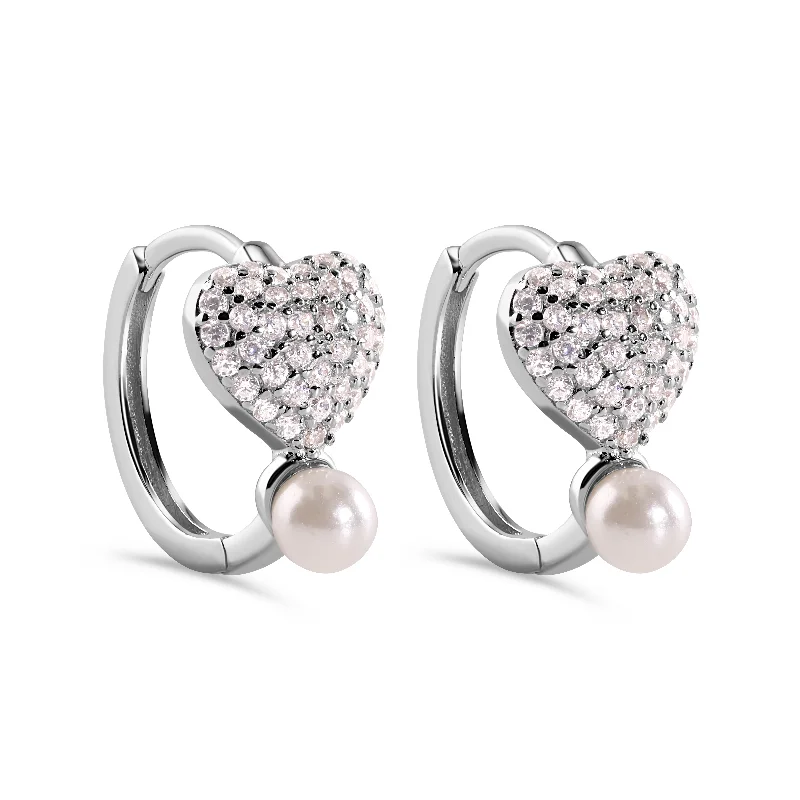 Small hoop earringsRhodium Plated 925 Sterling Silver Heart Clear CZ Studded Syntethic Pearl Hoop Earring - STE01380 Small hoop earringsRhodium Plated 925 Sterling Silver Heart Clear CZ Studded Syntethic Pearl Hoop Earring - STE01380