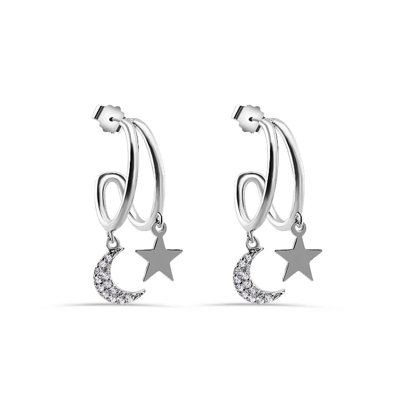 Statement hoop earringsRhodium Plated 925 Sterling Silver Moon and Star Hoop Earring - STE01383 Statement hoop earringsRhodium Plated 925 Sterling Silver Moon and Star Hoop Earring - STE01383