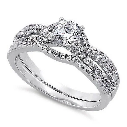 Three - Stone Engagement Rings Symbolizing Love's Past, Present, and Future with Asscher - Cut DiamondsSterling Silver Round Engagement Set Clear CZ Ring Three - Stone Engagement Rings Symbolizing Love's Past, Present, and Future with Asscher - Cut DiamondsSterling Silver Round Engagement Set Clear CZ Ring