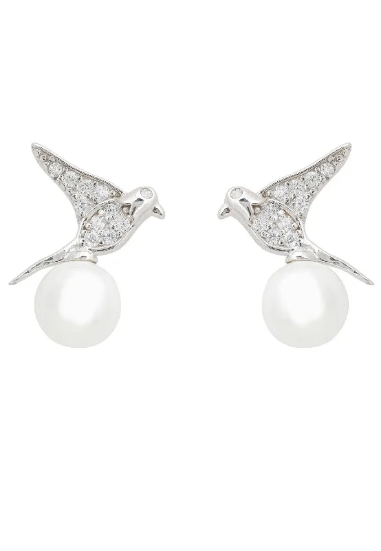 14K Gold Plated Heart - Shaped Stud Earrings for a Romantic and Feminine LookSwallows And Pearl Stud Earring Silver 14K Gold Plated Heart - Shaped Stud Earrings for a Romantic and Feminine LookSwallows And Pearl Stud Earring Silver
