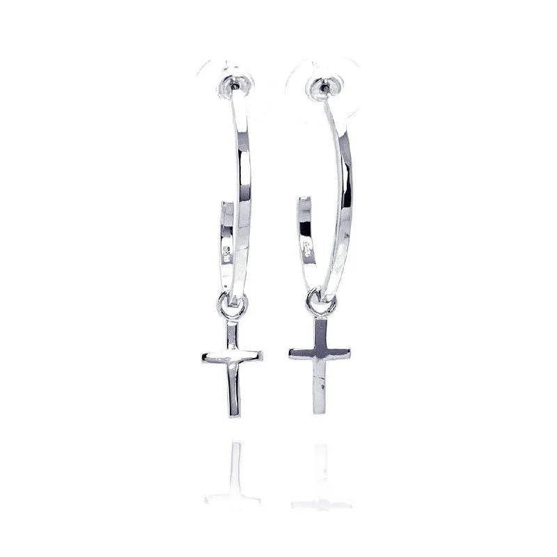 Beaded hoop earringsSilver 925 Rhodium Plated Cross Clear CZ Hoop Earring - BGE00031 Beaded hoop earringsSilver 925 Rhodium Plated Cross Clear CZ Hoop Earring - BGE00031
