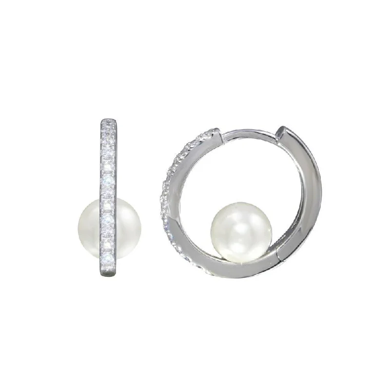 Beaded hoop earringsRhodium Plated 925 Sterling Silver CZ Pearl Center Hoop Earring - STE01322 Beaded hoop earringsRhodium Plated 925 Sterling Silver CZ Pearl Center Hoop Earring - STE01322