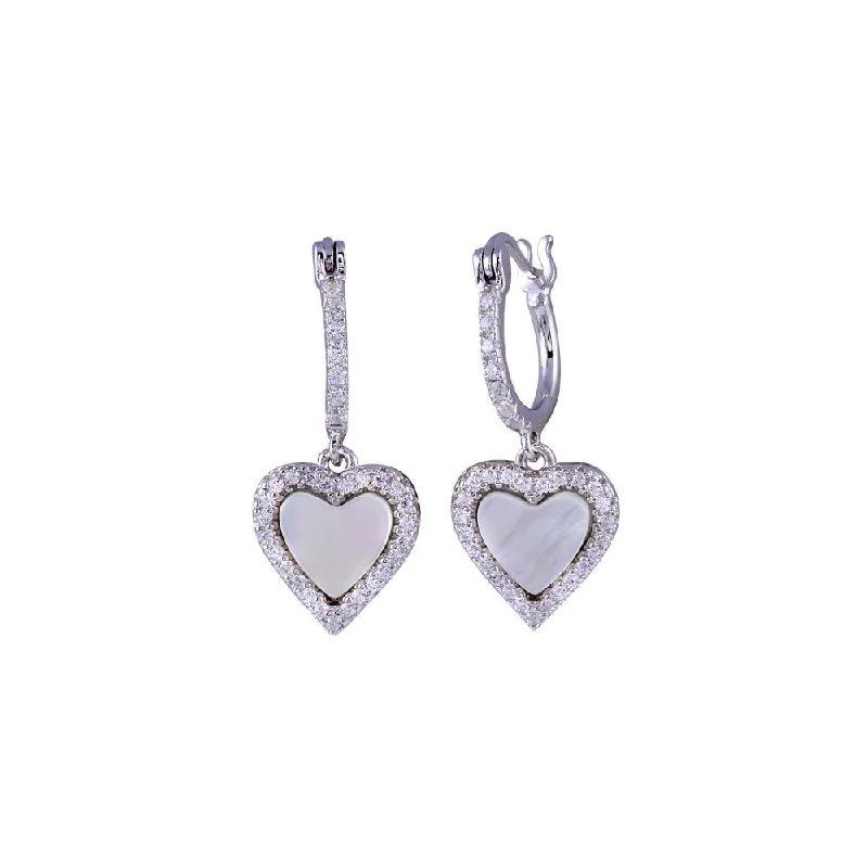 Hoop earrings for womenRhodium Plated 925 Sterling Silver Dangling CZ Heart with Mother of Pearl huggie hoop Earring - BGE00676 Hoop earrings for womenRhodium Plated 925 Sterling Silver Dangling CZ Heart with Mother of Pearl huggie hoop Earring - BGE00676