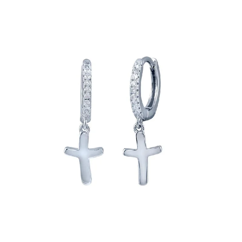 Diamond hoop earringsRhodium Plated 925 Sterling Silver huggie hoop Cross CZ Earring - STE01301 Diamond hoop earringsRhodium Plated 925 Sterling Silver huggie hoop Cross CZ Earring - STE01301